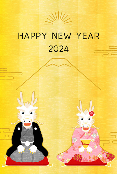 Cartão de Ano Novo estilo japonês para o ano do dragão 2024, dragão Kimono (serpente) e fundo do Monte Fuji, ilustração vetorial - Vetor, Imagem
