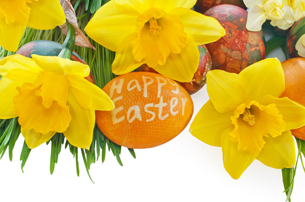 Daffodils, painted Easter eggs isolated on white background.  - Zdjęcie, obraz