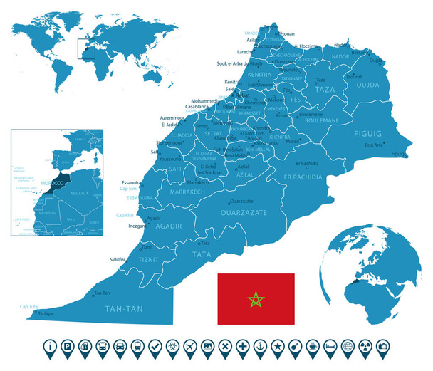 Marokko - gedetailleerde blauwe landkaart met steden, regio 's, locatie op wereldkaart en wereldbol. Infografische pictogrammen. Vectorillustratie - Vector, afbeelding