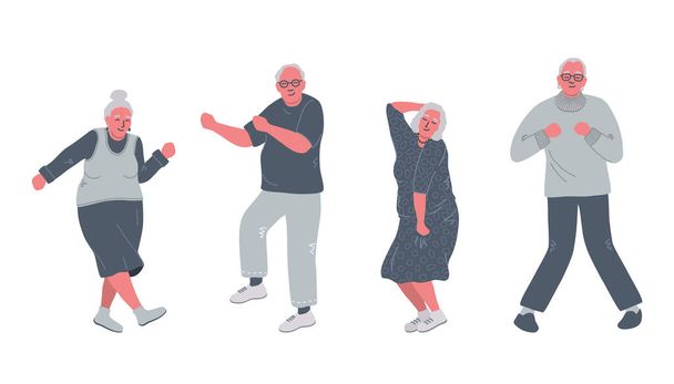 Anziani che ballano. Allegri pensionati. I vecchi e le vecchie gioiscono e ballano. Anziani positivi. Illustrazione vettoriale - Vettoriali, immagini