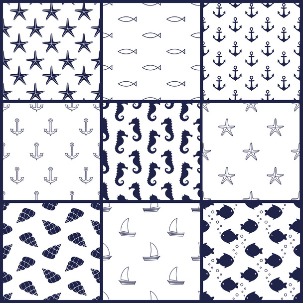Navy vector seamless patterns set: anchor, starfish, fish, seahorse, sailboat, shell - Вектор, зображення