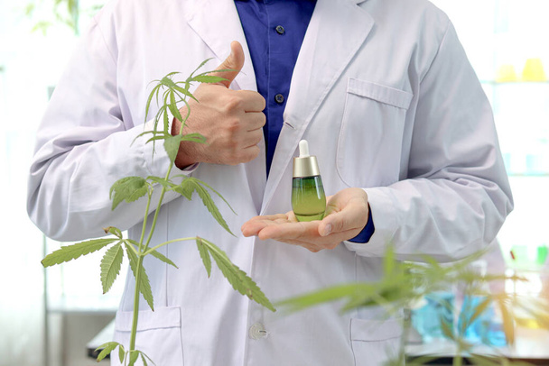 Vědec drží marihuanový olej v laboratoři, biochemik dělá experiment s konopným listem, lékárník extrakt aromatický konopný olej v laboratoři, zdravotnický pracovník pracuje pro alternativní bylinné medicíny. - Fotografie, Obrázek