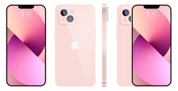 Apple iPhone 14. Teléfono inteligente. Disponible en color rosa. Nuevo iPhone 14 pro max. Mock-up pantalla del iphone y el lado posterior del iphone. Por Apple Inc. Editorial - Vector, Imagen