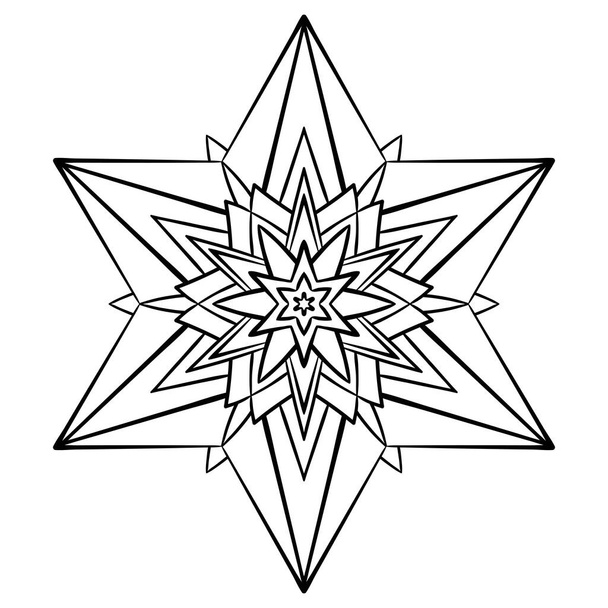 Star mandala coloring page. Simple symmetrical starry shape for mindful coloring. Black outline on white background - Vektör, Görsel