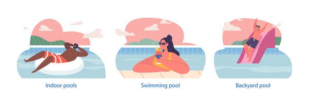 Elementos aislados con personajes disfrutan nadando y relajándose en la piscina, tomando el sol y tomando refrescantes chapuzones para vencer el calor y relajarse. Dibujos animados Gente Vector Ilustración - Vector, imagen