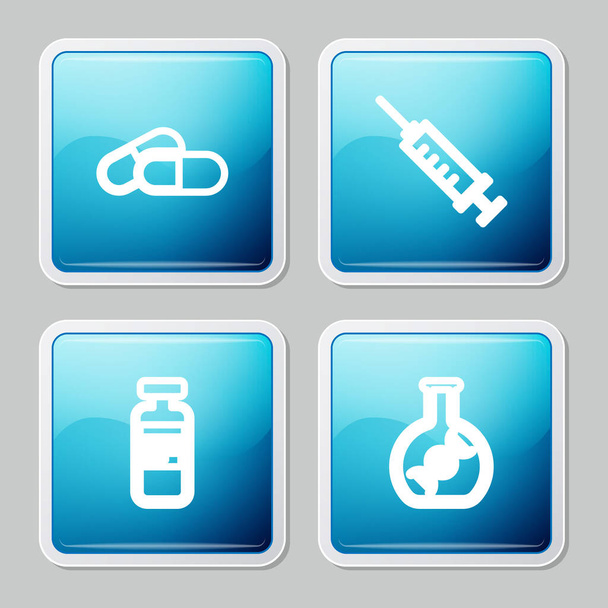 Set line Medicina píldora o tableta, jeringa, vial médico, ampolla y ADN investigación, icono de búsqueda. Vector. - Vector, Imagen