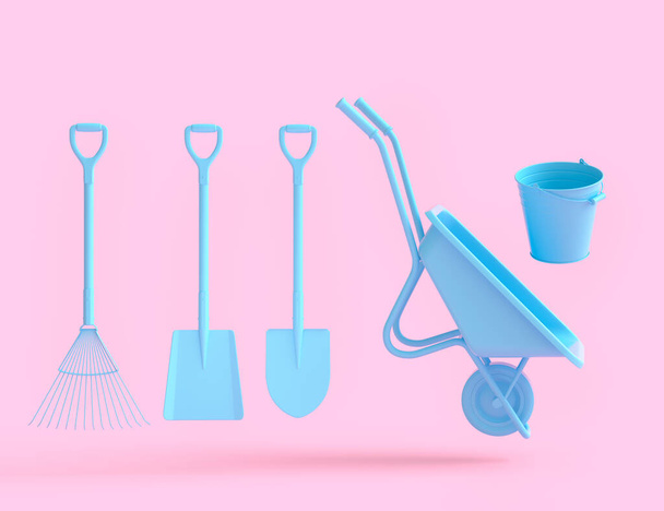 Garden wheelbarrow with garden tools like shovel, rake and fork on monochrome background. 3d render concept of horticulture and farming supplies - Foto, Imagem