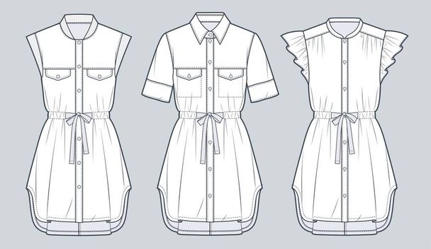 Set of Shirt Dress technical fashion Illustration. Drawstring mini Dress fashion flat technical drawing template, different collars and sleeves, button down, front view, white, women CAD mockup. - Photo, Image