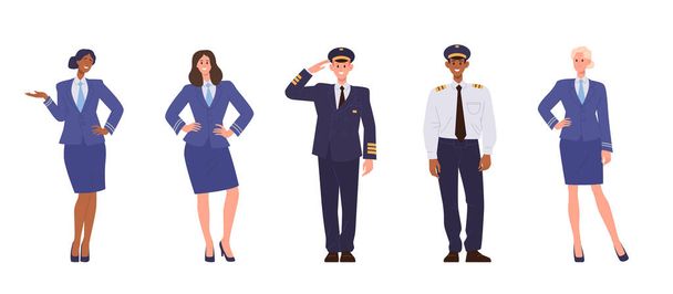 Conjunto de tripulantes de aeronaves, funcionários da aviação e membros da equipe aérea que estão isolados em fundo branco. Ilustração vetorial do piloto de desenhos animados capitão, aeromoças ou aeromoças vestindo uniforme - Vetor, Imagem