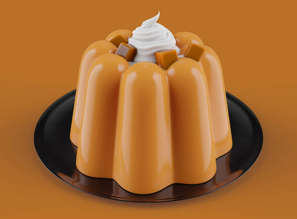 Succulent puding Gooey Caramel kockákkal és dekadens tejszínhab topping - 3D - Fotó, kép