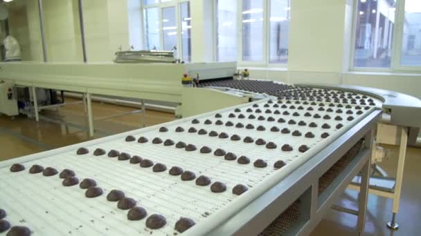 dolly slow motion szerokie ujęcie wypełnionych pianek w czekoladzie wykonujących 90-stopniowy obrót taśmą przenośnikową - Materiał filmowy, wideo