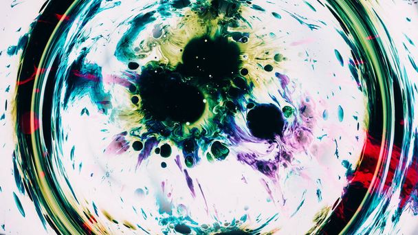 Color water splash. Paint stains. Purple green yellow fluid splash in circle frame rainbow ink spatters background abstract illustration. - Fotografie, Obrázek