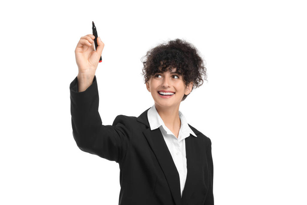 Красива щаслива бізнес-леді з маркером на білому тлі
 - Фото, зображення