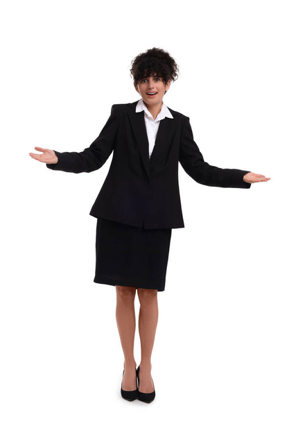 Beautiful emotional businesswoman in suit on white background - Foto, Imagen