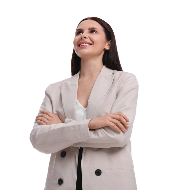 Beautiful businesswoman in suit on white background, low angle view - Foto, immagini