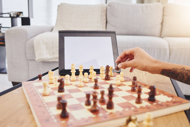 Video call, chess and woman in home with tablet, mockup and screen for gaming connection in lounge. Thinking, internet and chessboard, virtual strategy board game and African girl problem solving - Photo, Image