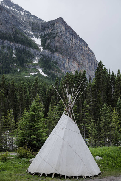  Çadır çadırları ormanda yapayalnız duruyor. Dağlarda aktif bir eğlence. Yürüyüş, kamp, Rocky Dağları 'nda barınak, Alberta, Kanada - Fotoğraf, Görsel