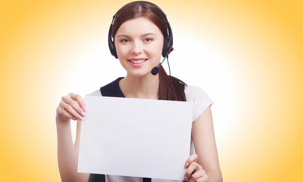 Portrait of happy smiling cheerful young support phone operator - Photo, image