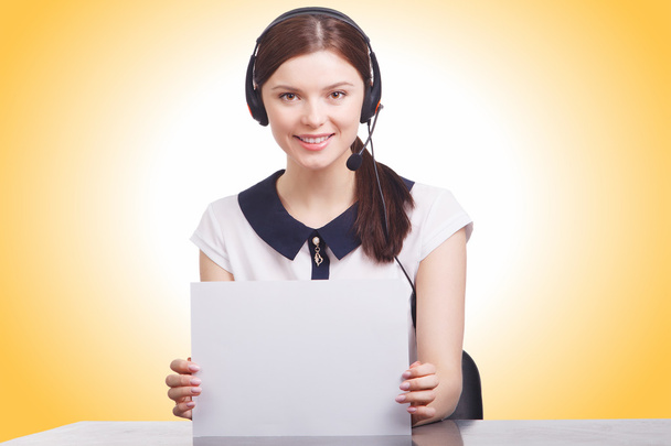Portrait of happy smiling cheerful young support phone operator - Foto, Imagem