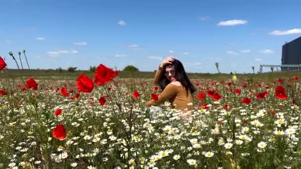 gelukkig vrouw in papaver met kamille bloemen veld zomer zonnige dag - Video