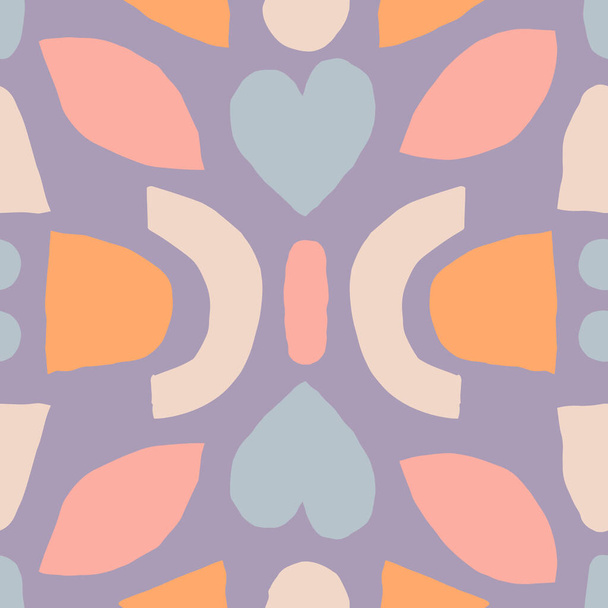 Cute seamless texture with symmetrical composition. Vector collage pattern with repeated elements. Cut out abstract shapes background - Vektori, kuva
