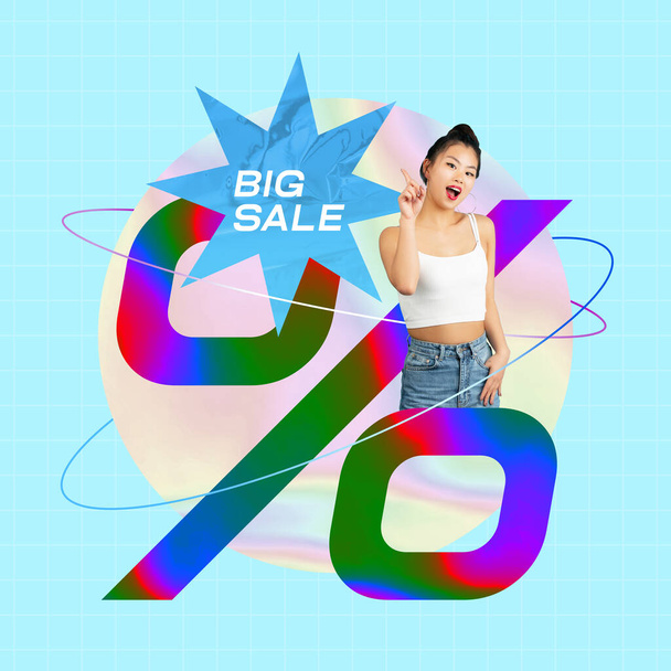 Pretty, young, asian girl talking about big sales, lower price for any goods. Big sale season. Contemporary art collage. Concept of shopping, sales, Black Friday, creativity. Banner, poster, ad - Foto, Bild