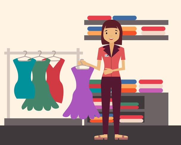 Urzędnik sprzedaży. Dziewczyna trzyma sukienkę w sklepie odzieżowym. Ilustracja wektorowa - Wektor, obraz