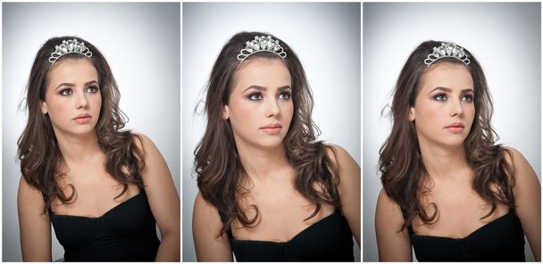 Hairstyle and make up - beautiful female art portrait with beautiful eyes. Genuine natural brunette with jewelry, studio shot. Portrait of a attractive woman with tiara and creative make up - Photo, Image