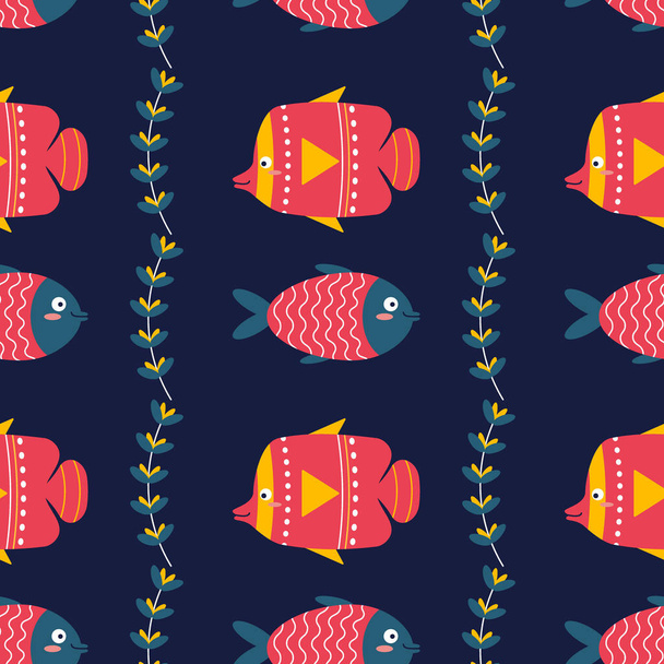 Pattern on a marine theme with seaweed, fish, ornament. Flat vector illustration. - Vector, imagen