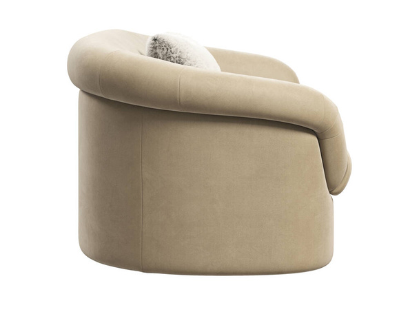 Sofá textil moderno de tres asientos. Sofá de terciopelo beige con almohada de piel sobre fondo blanco. Medio siglo, Chalet, Interior escandinavo. 3d renderizar - Foto, Imagen