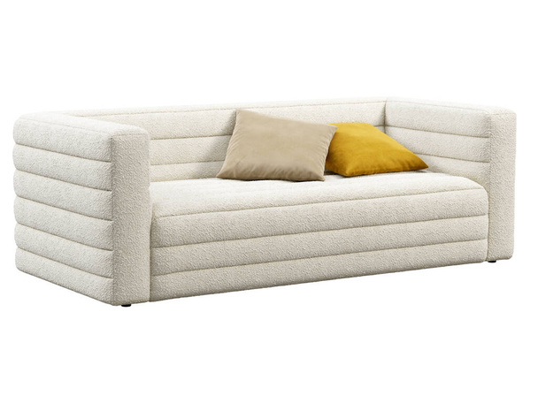 Modern two-seat textile sofa. White boucle upholstery tufted sofa with velvet pilows on white background. Mid-century, Chalet, Scandinavian interior. 3d render - Photo, Image