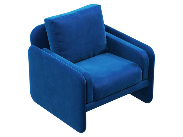 Chaise textile moderne. Fauteuil rembourré en velours bleu sur fond blanc. Mi-siècle, Loft, Chalet, intérieur scandinave. 3d rendu - Photo, image