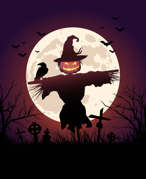 Scarecrow on the background of full moon, graveyard, bats and crow. Vector illustration for Halloween concept. - Vector, Image