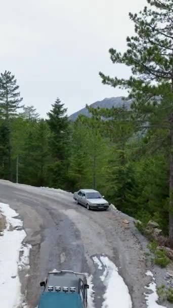Erleben Sie die heitere Schönheit des Winterwaldes, wie ein Pickup anmutig eine verschneite Straße manövriert, eingehüllt in das beruhigende Grün der Umgebung in diesem vertikalen Video. - Filmmaterial, Video