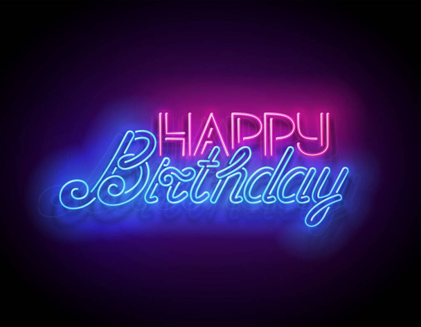 Glow Happy Birthday Inscription.  Holiday Greeting Card. Shiny Neon Light Template for Poster, Banner, Invitation. Glossy Background. Vector 3d Illustration  - Διάνυσμα, εικόνα