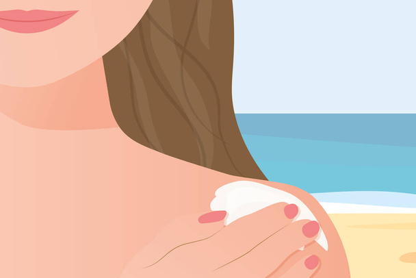 Frau, die Sonnencreme am Strand aufträgt, Hautverbrennungen, Krebsvorbeugung - Vektor Illustratio - Vektor, Bild