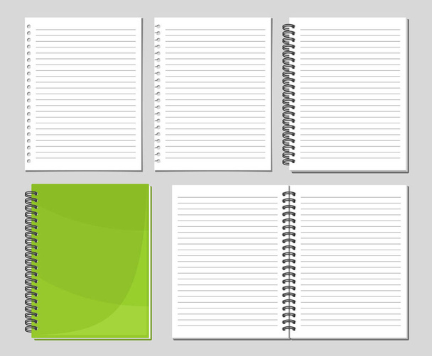 Vector Spiral Notizbuch Set, Sammlung von 5 ausgeschnittenen Abbildungen verschiedener leerer Notizbuchseiten, Gruppe geöffneter und geschlossener Hefte auf grauem Hintergrund - Vektor, Bild