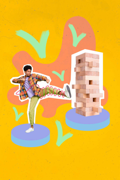 Creative trend collage of angry annoyed irritated young male leg kick jenga tower solve task table game block activity build checkmark. - Photo, Image