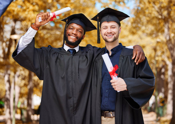 Graduation portrait, friends and students on university or college campus, success and celebration of diploma. Happy men, graduate or people hug for education, certificate and diversity in park. - Foto, Imagen