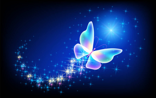 Magical butterfly with sparkle and blazing trail flying in night sky among shiny glowing stars in cosmic space. Animal protection day concept. - Vector, Image