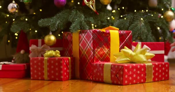 Le mani delle donne e dei bambini si alternano tirando scatole regalo da sotto l'albero di Natale. Albero di Natale, buone feste. Concetto di vacanze e regali. Filmati 4k di alta qualità - Filmati, video