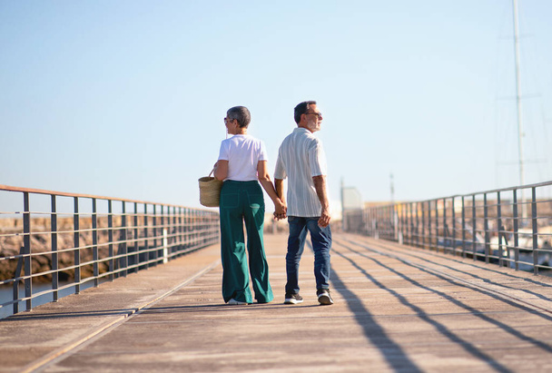 Nyaralás, utazás. Hátsó nézet Shot Of Mature Travelers Couple Walking At Sea Promenade, Nézi a jachtok Marina Park, Fogva tartja a kezét élvezi Sunny Day Outside. Teljes hossz, üres tér - Fotó, kép