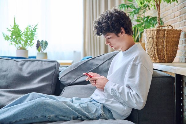 Young handsome guy using smartphone sitting on sofa in living room. Male 20 years old with curly fashionable hairstyle. Internet online technology mobile applications for study leisure communication - Foto, afbeelding
