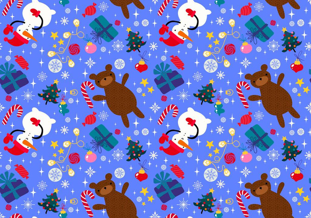 Christmas cartoon seamless bears and snowman and gift box and candy pattern for wrapping paper and fabrics and linens and festive packaging and new year accessories. High quality illustration - Foto, immagini