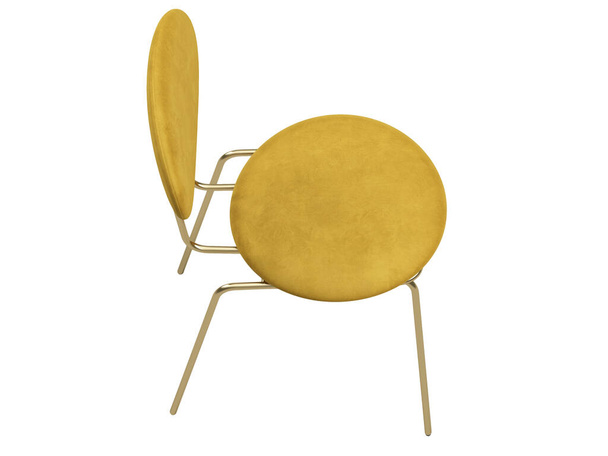 Современное текстильное кресло. Желтый бархатный стул обивки с металлическим основанием на белом фоне. Mid-century, Loft, Chalet, Scandian interior. 3D рендеринг - Фото, изображение