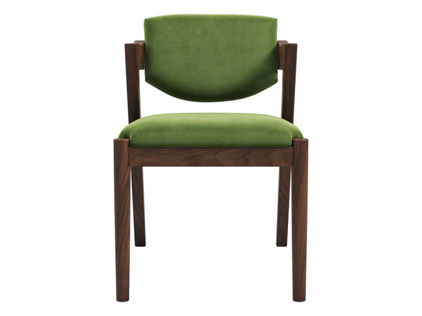 Сучасний текстильний стілець. Зелений оксамитовий м'який стілець з дерев'яними ніжками та підлокітниками на білому тлі. Середньовіччя, лофт, шале, скандинавський інтер'єр. 3d візуалізація - Фото, зображення