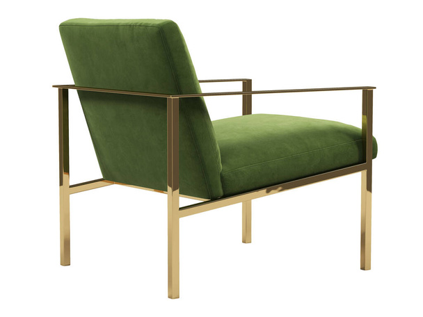 Fauteuil textile moderne. Chaise d'ameublement en velours vert avec base en métal doré sur fond blanc. Mi-siècle, Loft, Chalet, intérieur scandinave. 3d rendu - Photo, image
