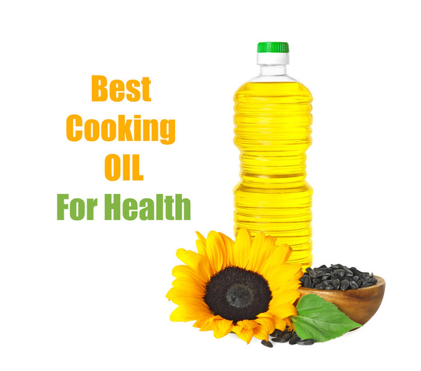 Sunflower oil as best cooking oil for health. Text and product on white background - Foto, Imagem
