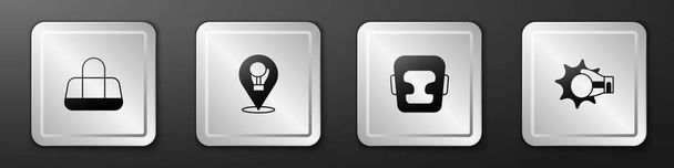 Set Sport bag Boxing glove helmet and Punch boxing icon. Silver square button. Vector. - Vetor, Imagem