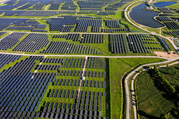 Top view Aerial view of Solar panel, photovoltaic, alternative electricity source - Foto, imagen